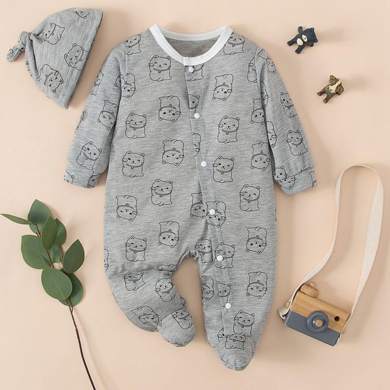 Baby Cartoon Fortune Cat Printed Slant Placket Foot Wrap Jumpsuit - PrettyKid