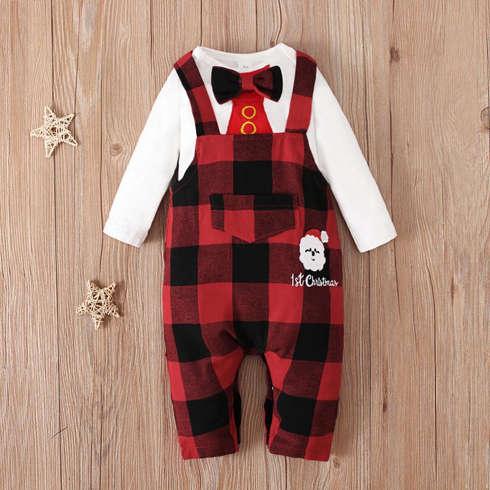 Baby Plaid Suspenders Long Sleeve Suit Christmas Dress - PrettyKid