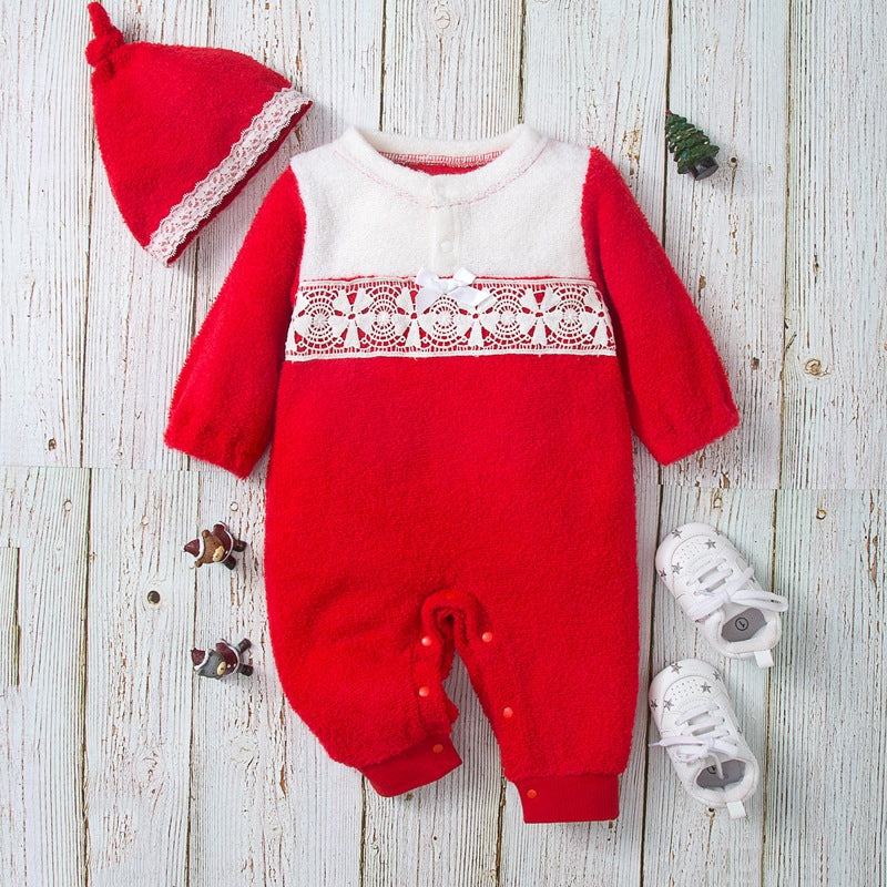 Baby Boys Girls Solid Color Long Sleeve Christmas Printed Jumpsuit - PrettyKid