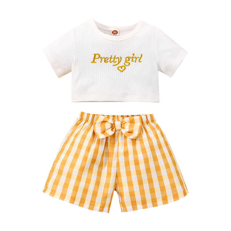 Toddler Girls Solid Letter Short Sleeve T-shirt Top Plaid Printed Shorts Set - PrettyKid