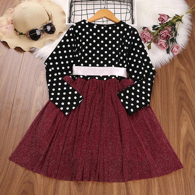 Children Girls' Solid Color Polka Dot Long Sleeved Dresses - PrettyKid