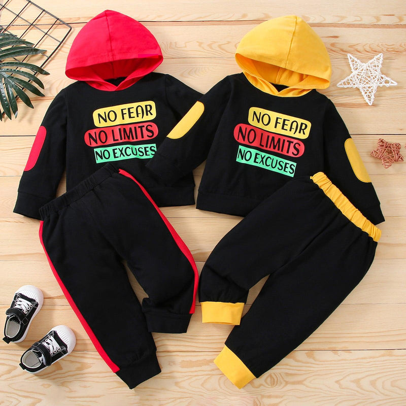 Toddler Kid Boys Solid Color Letter Print Color Blocking Hooded Sweatshirt Long Sleeve Suit - PrettyKid