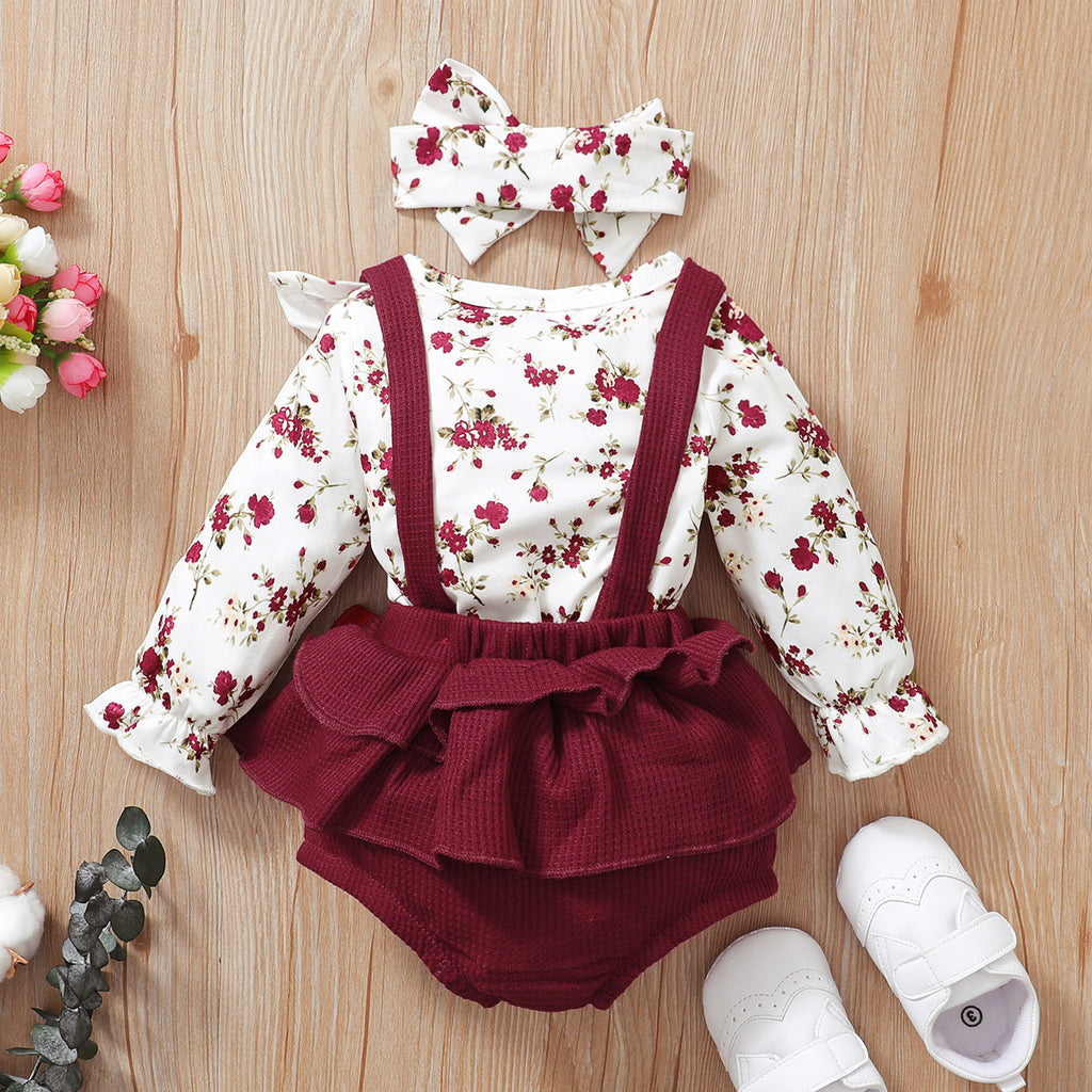 Baby Girls Solid Floral Print Long Sleeve Bodysuit Solid Colour Strappy Trousers Set - PrettyKid