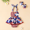 Baby Girls Summer Suspender Stripe Jumpsuit Bow Headdress Set Independent Day Dress - PrettyKid