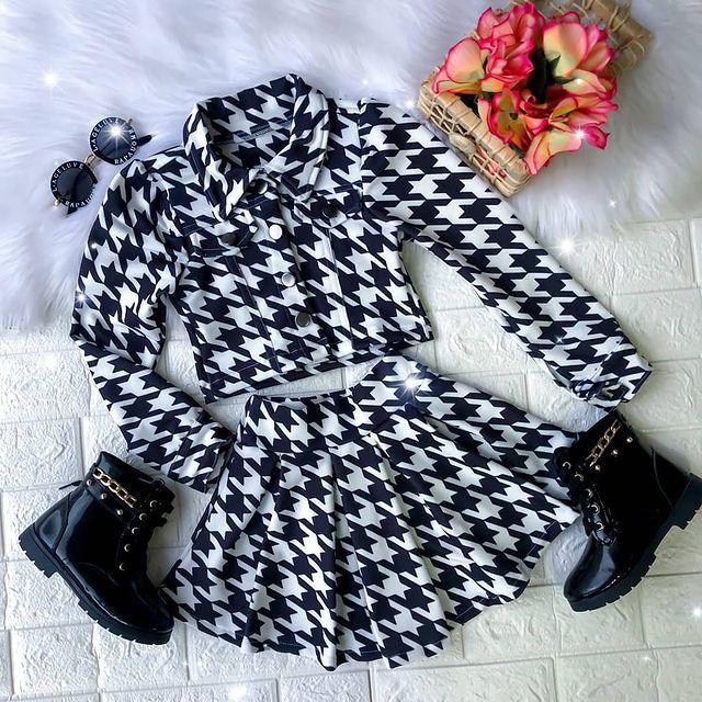 Children Girls' Long Sleeve Plaid Lapel Top Skirt Two Piece Set - PrettyKid