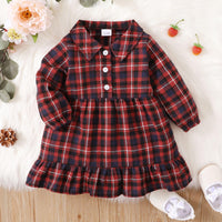 Toddler Girls Plaid Printed Long Sleeve Ruffle Dress - PrettyKid