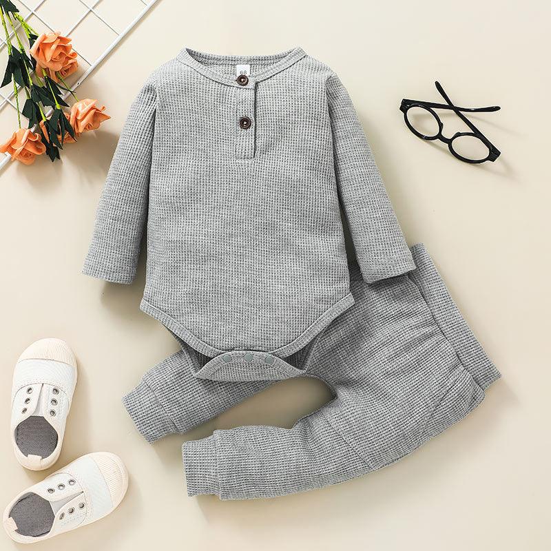 Baby Boys Girls Solid Color Knitted Striped Pullover Long Sleeve Set - PrettyKid