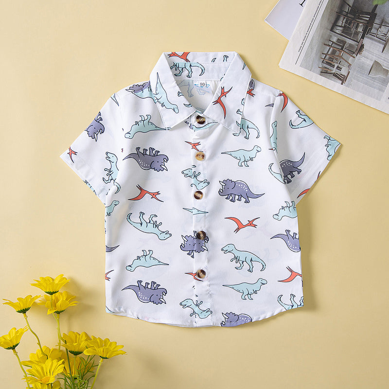 Toddler Kids Boys Cartoon Dinosaur Print Short Sleeved Shirt Denim Shorts Set - PrettyKid