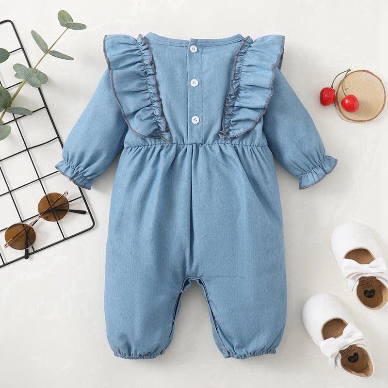 Baby Girls Solid Color Ruffle Long-sleeved Jumpsuit - PrettyKid