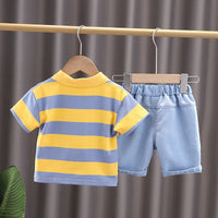 9M-4Y Toddler Boys Sets Dinosaur Striped Polo Shirts & Denim Shorts Wholesale Boys Boutique Clothing - PrettyKid