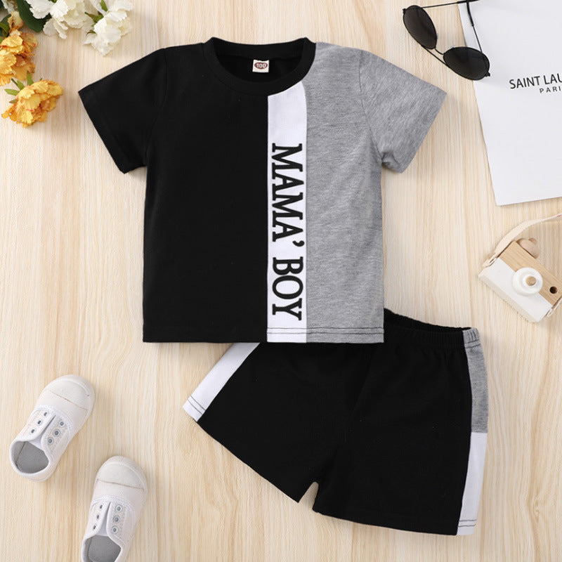 Toddler Kids Boys Black and White Grey Color Contrast Mama's Boy Letter Print Short Sleeve Set - PrettyKid
