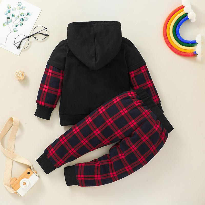 Toddler Kids Boys Daddy&son Letter Print Solid Color Hooded Sweatshirt Plaid Pants Set - PrettyKid