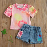 Toddler kids girls' tie dyed printed short-sleeved T-shirt denim shorts set - PrettyKid