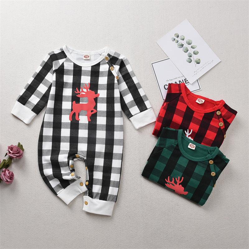 Baby Boys Girls Plaid Print Christmas Deer Long-sleeved Jumpsuit - PrettyKid