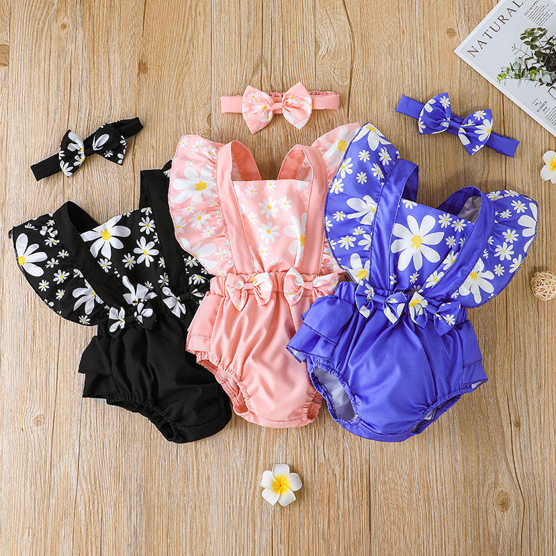 Baby Girls Solid Flower Print Square Neck Sleeveless Jumpsuit Hair Band Set - PrettyKid