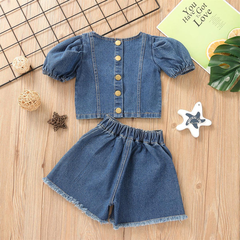 Summer Girls' Single Breasted Short Sleeve Denim Suit - PrettyKid