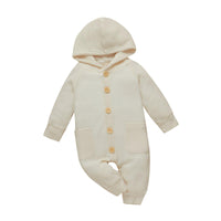 Baby Boys Girls Solid Color Long Sleeve Wool Waffle Hooded Jumpsuit - PrettyKid