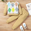 Toddler Kids Solid Color Rhombus Print Round Neck Long Sleeve Loungewear Suit - PrettyKid