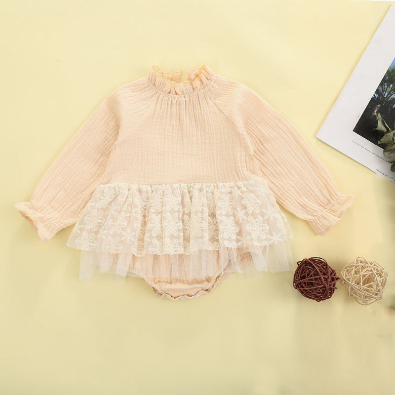 Baby girls lace hook flower stand collar long sleeve Jumpsuit - PrettyKid
