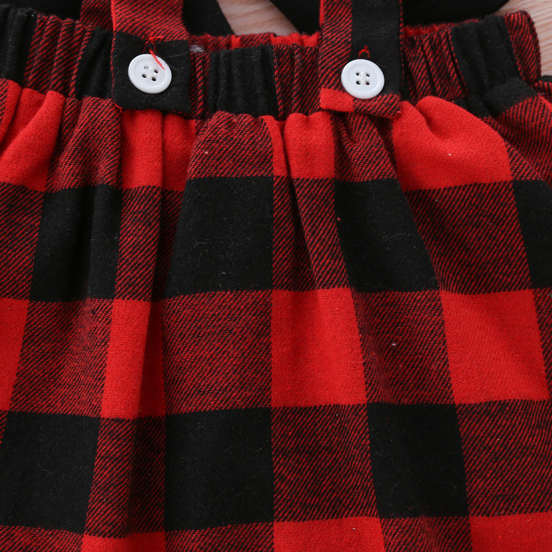 Toddler Kids Girls' Solid Round-necked Long-sleeved Plaid Strappy Skirts Wholesale Girls Dresses - PrettyKid