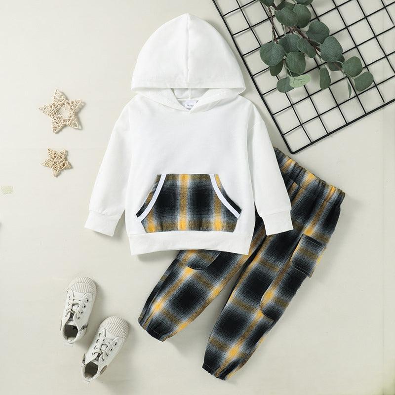 Toddler Kids Boys Solid Color Hooded Sweatshirt Plaid Pants Set - PrettyKid