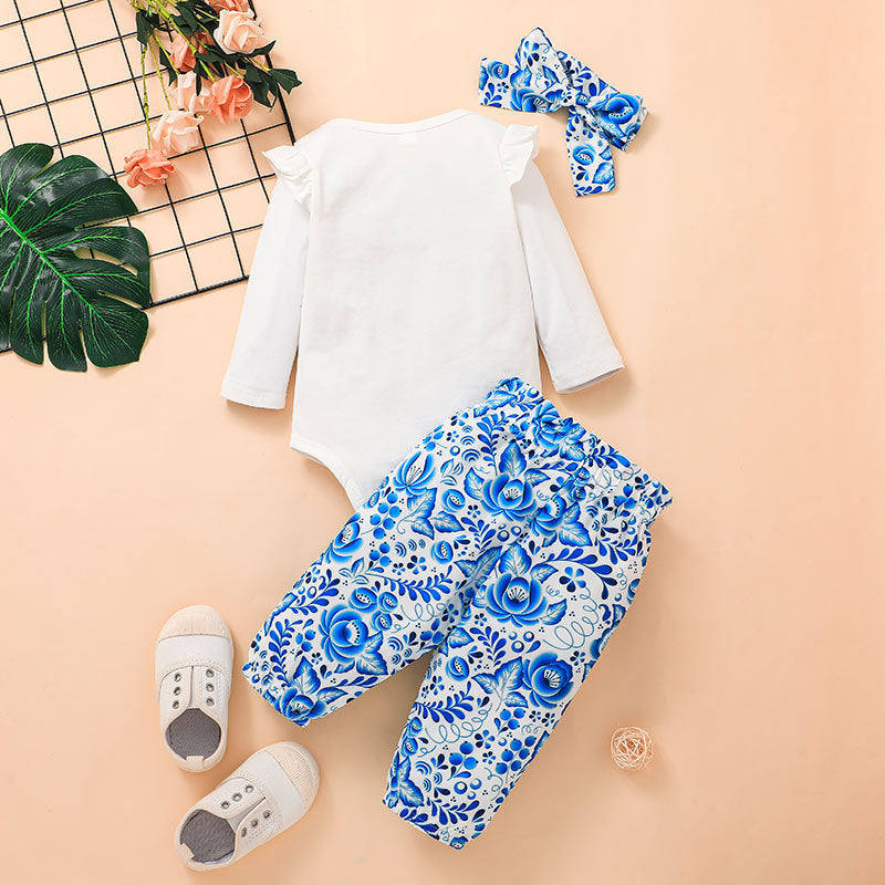 Baby Girls Solid Letter Long Sleeve Jumpsuit Floral Print Pants - PrettyKid