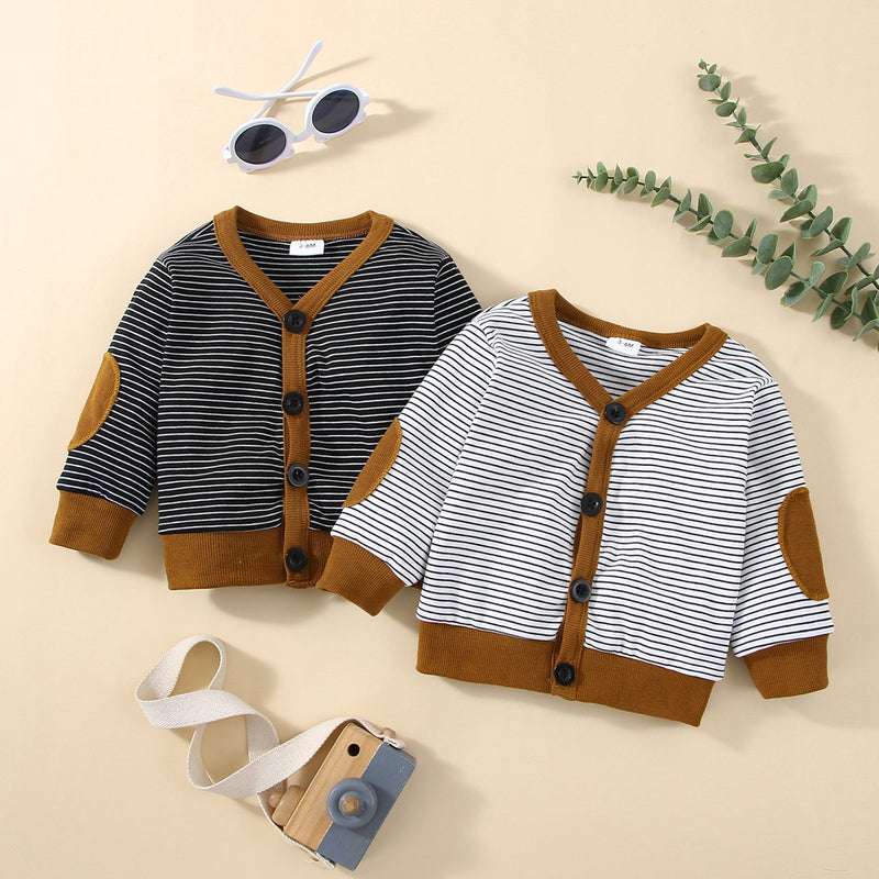 Toddler Kids Boys Stripe Contrast Button V-Neck Long Sleeve Knitted Cardigan Coat - PrettyKid