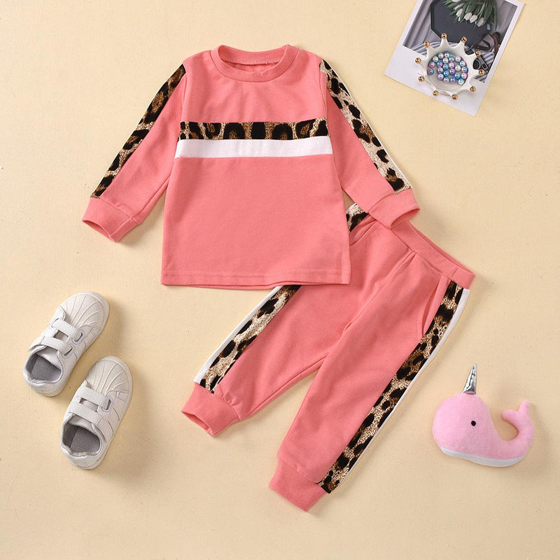 Toddler Kids Solid Color Round Neck Leopard Print Splicing Long Sleeve Sports Suit - PrettyKid