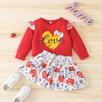 Toddler Kids Girl Solid Letter Love Print Long Sleeve T-Shirt Short Skirt Valentine's Day Set - PrettyKid