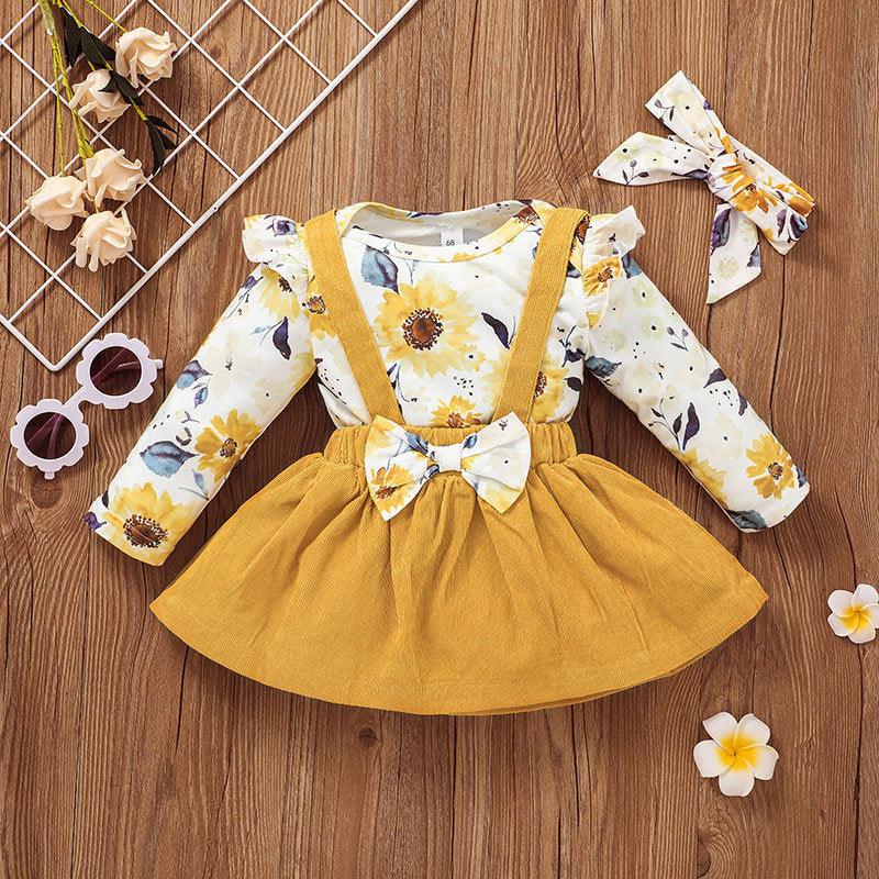 Baby Girls Flowers Printed Long Sleeve Jumpsuit Solid Color Suspender Skirt Set - PrettyKid