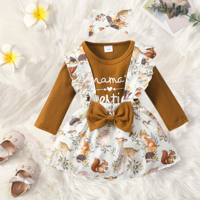 Toddler Girls Solid Letter Jumpsuit Animal Strap Skirt Set - PrettyKid