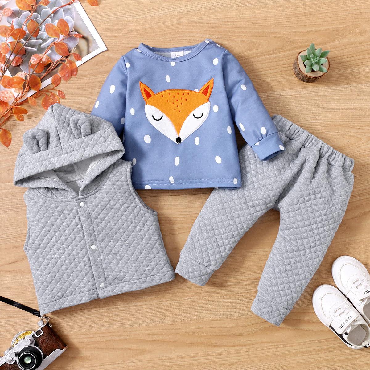 Toddler Kids Solid Color Lovely Fox Embroidery Top Lovely Hooded Vest Solid Color Pants Set - PrettyKid