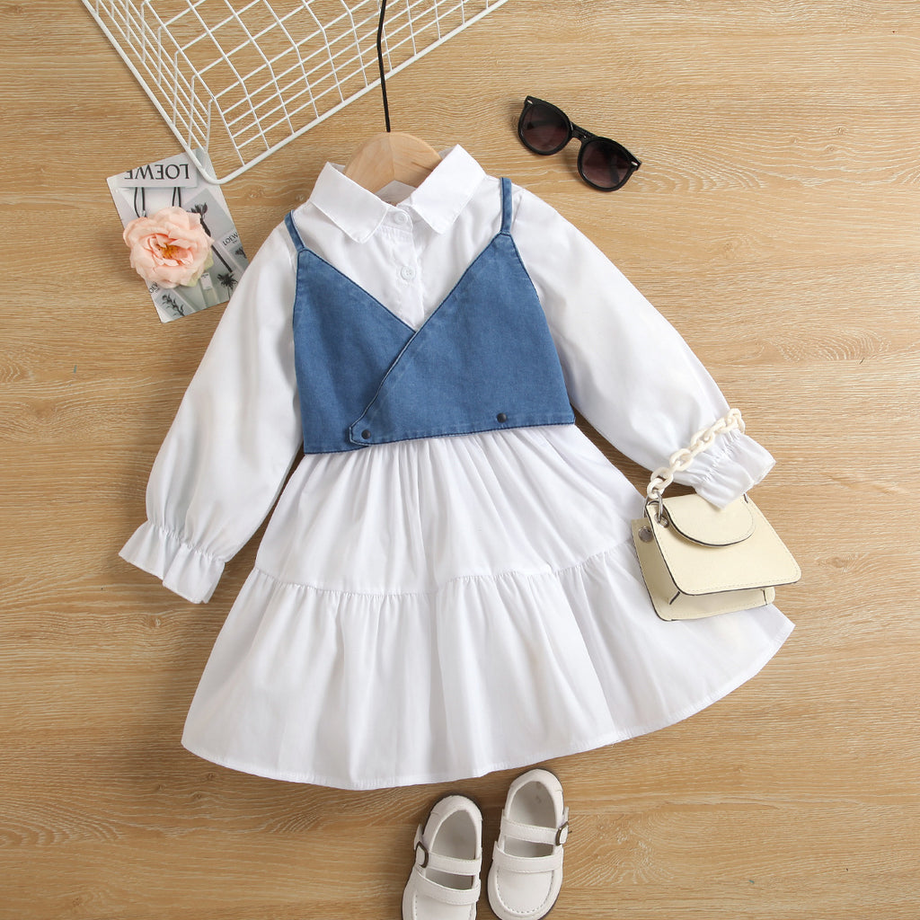 Toddler Kids Girls Solid Color Long-sleeved Splicing Petticoat Dresses Denim Camisole Undershirt Set - PrettyKid
