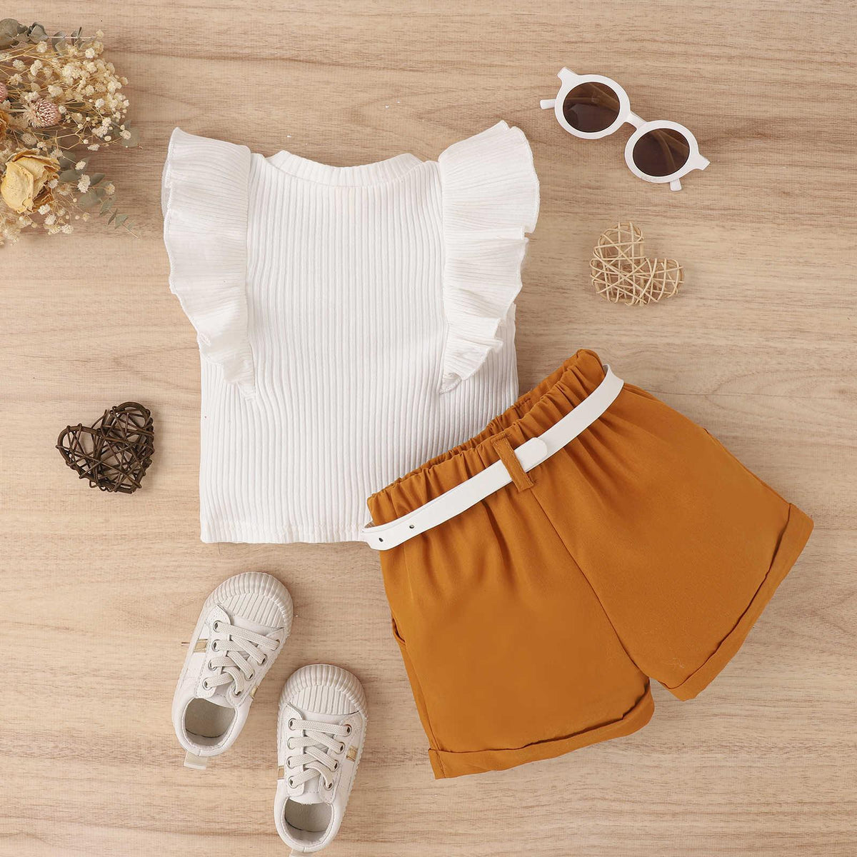 Spring and Summer Cotton Pit Strip Flying Sleeve Top Solid Color Shorts with Waist Bag Girls Suit