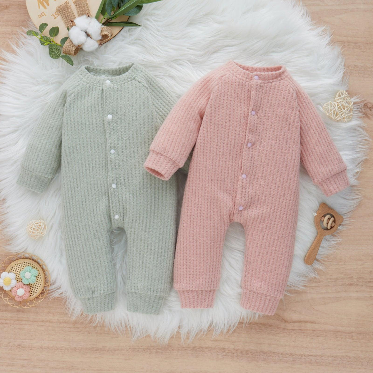 Baby Boys Girls Solid Color Waffle Fleece Warm Long-sleeved Jumpsuit - PrettyKid