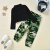 Toddler Kids Girls Solid Color Letter Embroidery High Neck Long Sleeve Top Military Green Camouflage Pants Set - PrettyKid