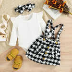 Baby Girls Solid Color Long-sleeved Knitted Jumpsuit Plaid Straps Dress Bow Hair Accessories Set - PrettyKid