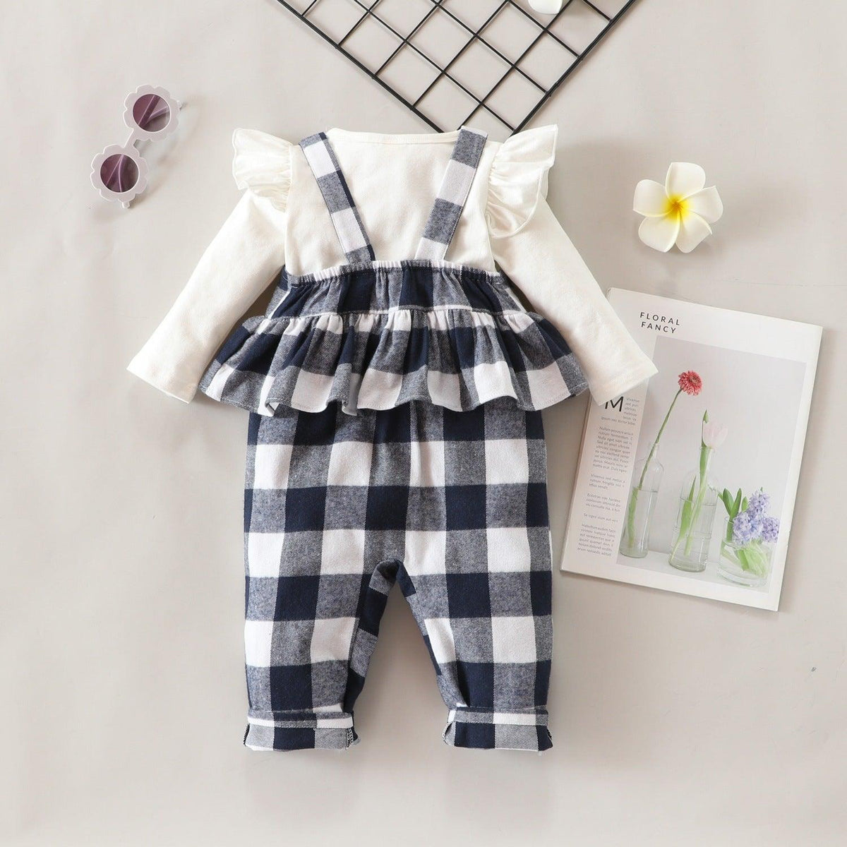 Toddler Girl Solid Color Long Sleeve Top Plaid Printed Suspender Pants Set - PrettyKid