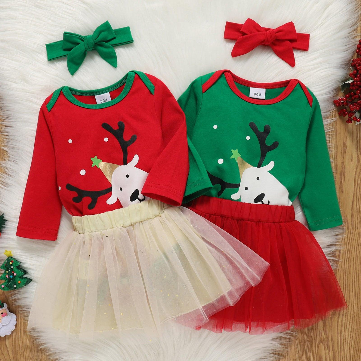 Baby Girls Christmas Deer Long Sleeve One-piece Dress Mesh Skirt Set - PrettyKid