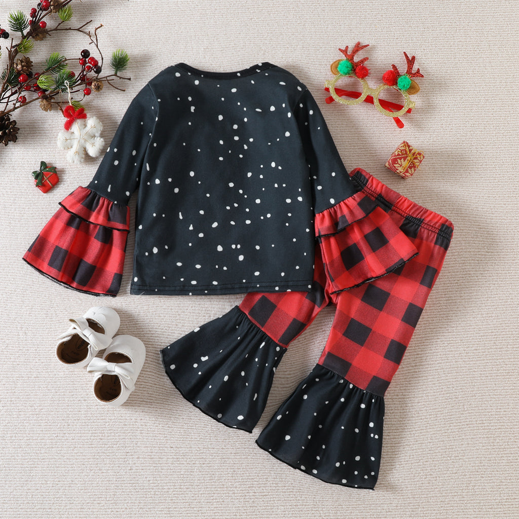 Toddler Girls Christmas Print Flared Sleeve Top Plaid Pants Set - PrettyKid