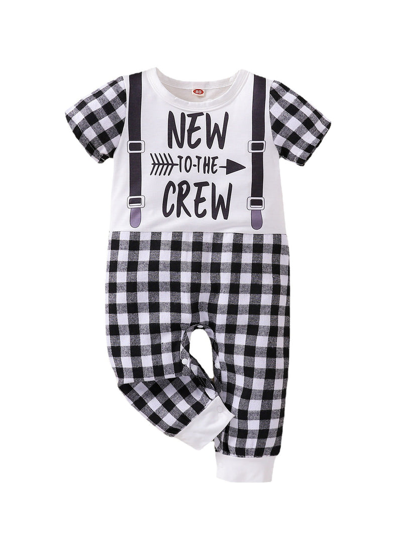 Baby Boys Letter Plaid Print Stitched One-piece Short Sleeve Pants One-piece - PrettyKid