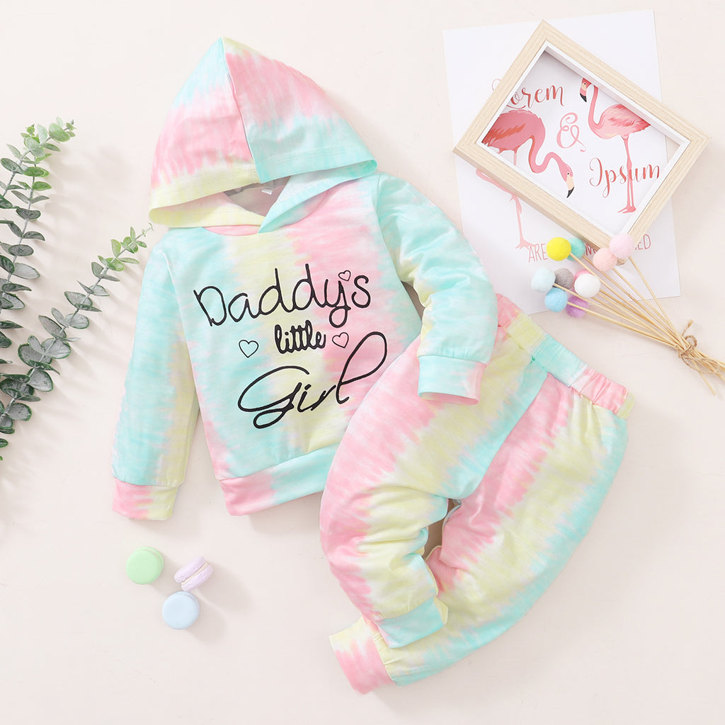 Toddler Girls' Long Sleeve Tie-dyed Lettered Printed Hooded Sweater Set - PrettyKid