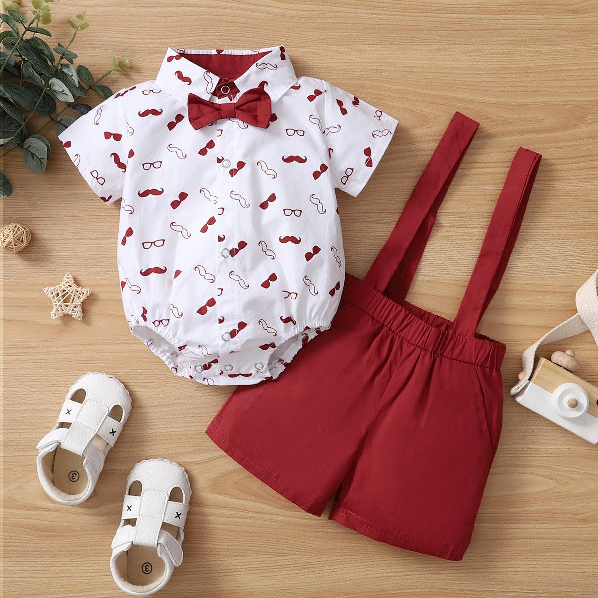 Baby Boys Cartoon Beard Printed Short-sleeved Shirt Solid Color Backpack Pants Bow Tie Set - PrettyKid