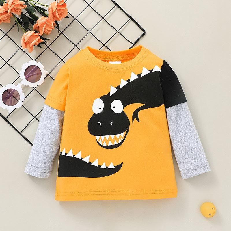 Toddler Boys Yellow Cartoon Dinosaur Crew Neck T-shirt - PrettyKid