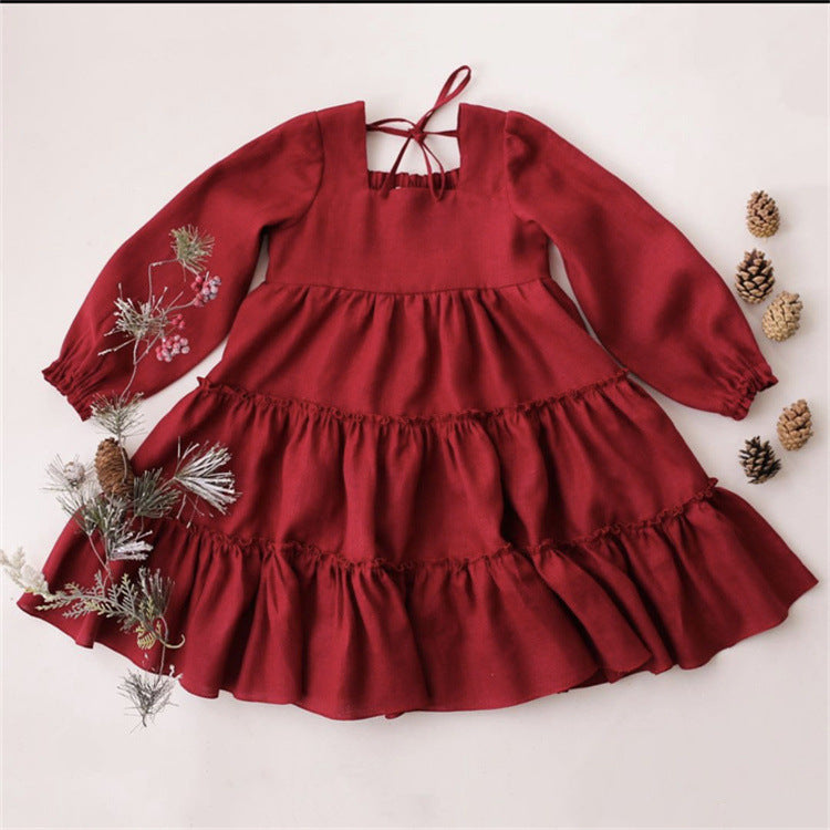Toddler Kids Girl Linen Cotton Solid Lapel Long Sleeve Ruffle Dress - PrettyKid