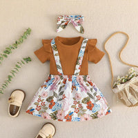 Solid Color T-shirt+printed Skirt+headband Three-piece Set of 2023 New Printed Belt Skirt Set - PrettyKid