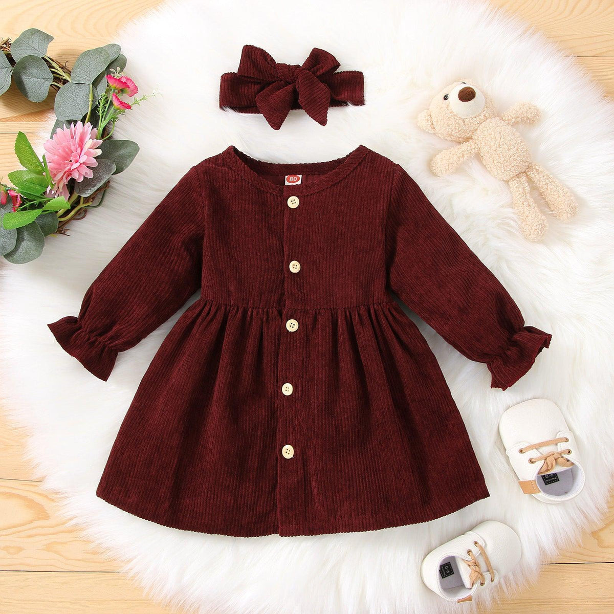 Toddler Kids Girls Solid Color Long Sleeve Button Dress Hairband Two Piece Set - PrettyKid