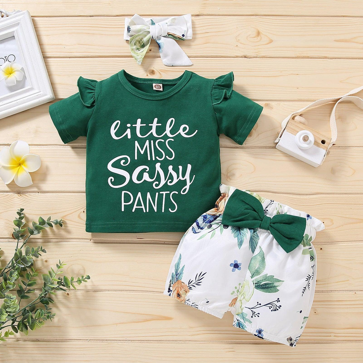 Little Girl Letter Printed Short Sleeve Top Bow Shorts 3pcs Set - PrettyKid