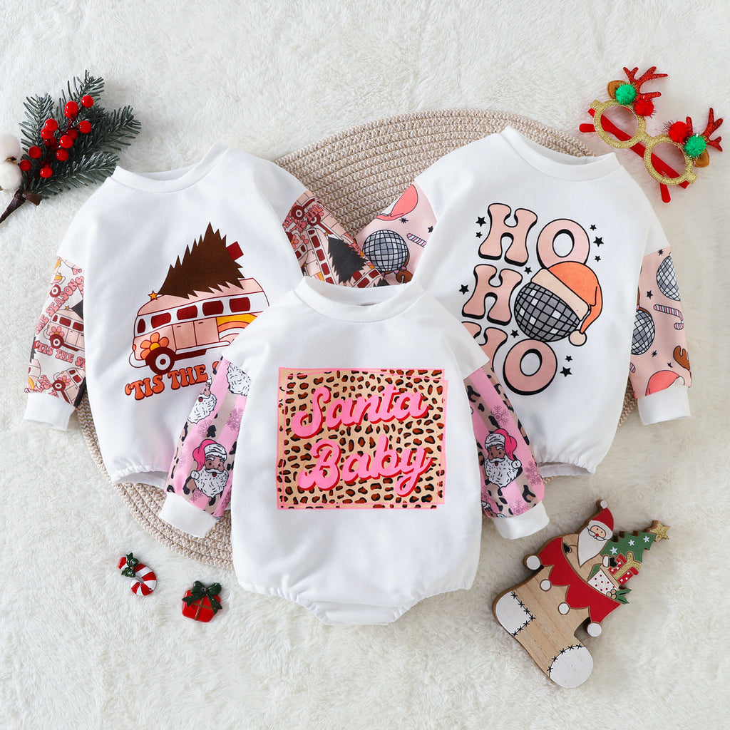 Baby Boys Girls Solid Cartoon Print Long Sleeve Bodysuit Christmas Creeper - PrettyKid