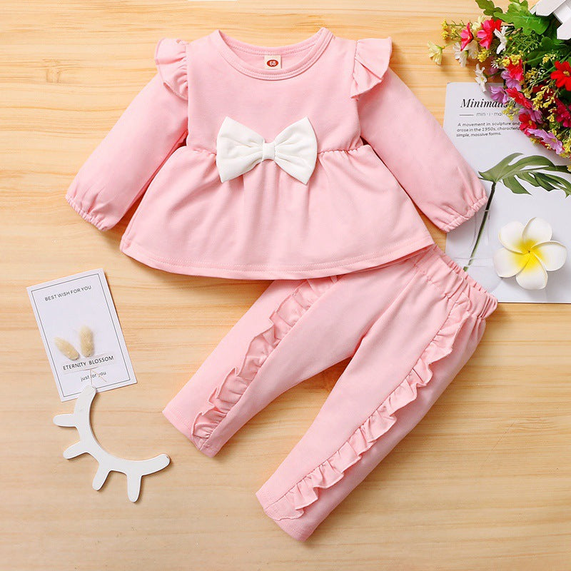 Toddler Kids Girls Solid Bow Ruffle Long Sleeve Suit - PrettyKid